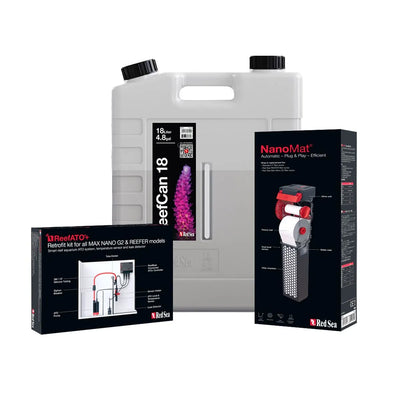 Red Sea MAX NANO G2 Pro Kit with ReefCan 18 ATO reservoir, ReefATO+ retrofit kit, and NanoMat automatic roller filter