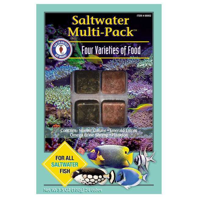 San Francisco Bay Brand Saltwater Multi-Pack frozen fish food box, 24 cubes of four marine varieties