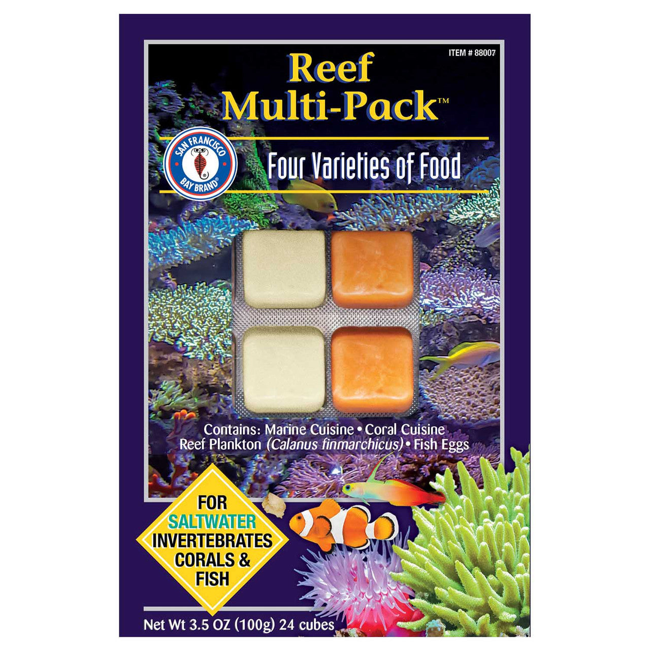 San Francisco Bay Brand Reef Multi-Pack frozen food, 3.5 oz 24-cube pack with four varieties for saltwater fish, corals, and invertebrates
