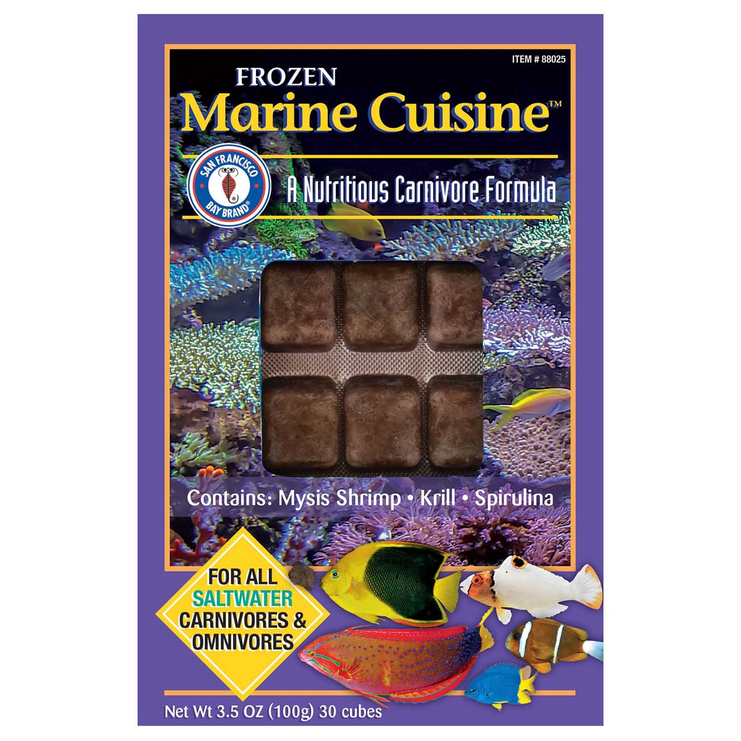 San Francisco Bay Brand Marine Cuisine frozen fish food box, 30 cubes of mysis shrimp, krill and spirulina for saltwater fish