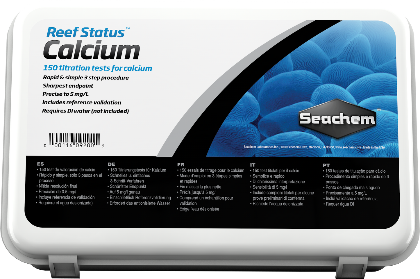 Seachem Reef Status Calcium test kit box, 150 titration tests for reef aquarium calcium