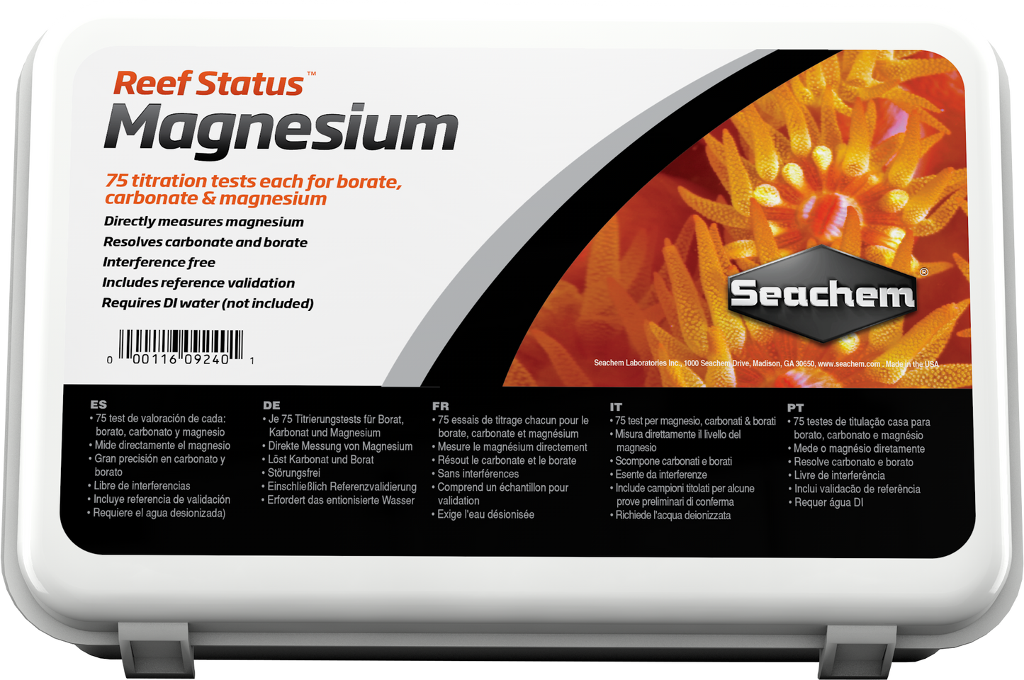 Seachem Reef Status Magnesium test kit box, 75 titration tests each for magnesium, carbonate, and borate in reef aquariums