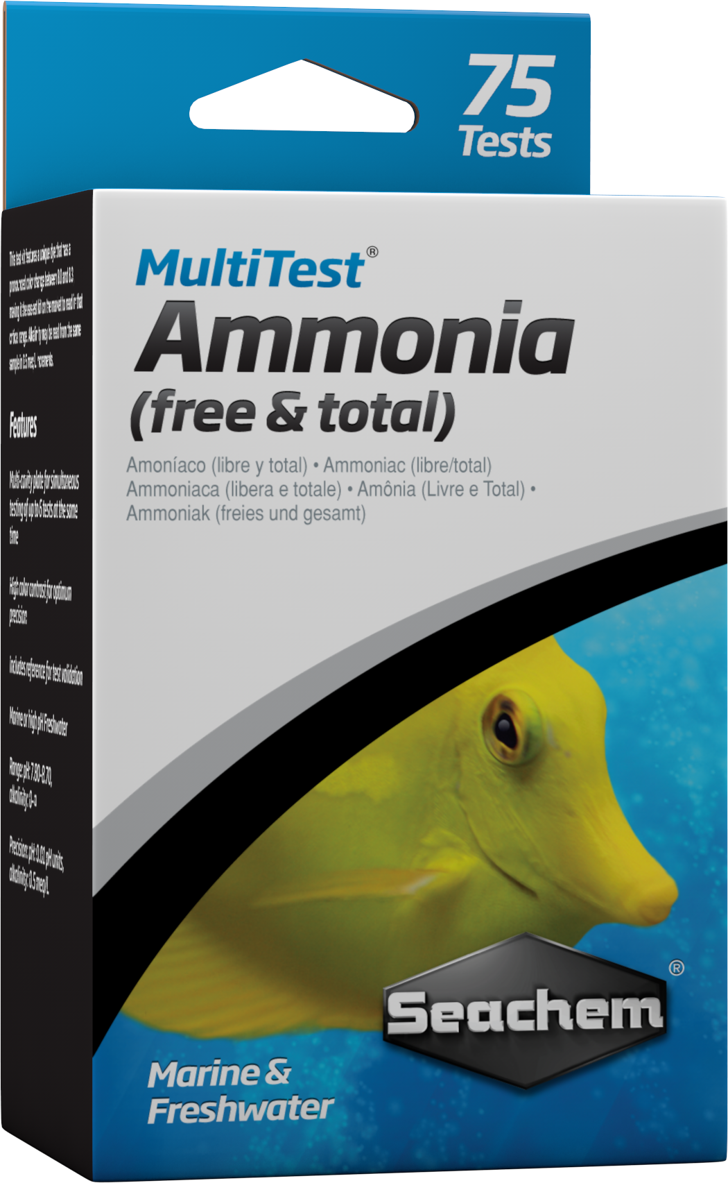 Seachem MultiTest Ammonia test kit box, 75 tests for free and total ammonia in freshwater and marine aquariums