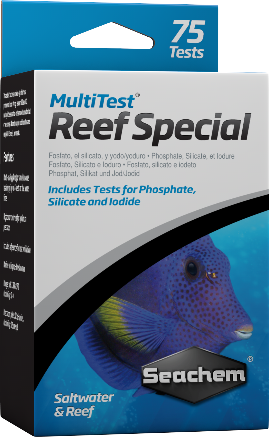 Seachem MultiTest Reef Special test kit box, 75 tests for phosphate, silicate, and iodide in reef aquariums