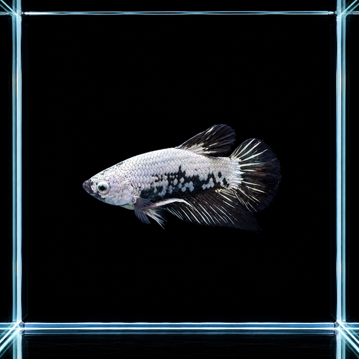 WYSIWYG photo of this exact black samurai plakat male betta (Betta splendens), silver-white scales, black patches