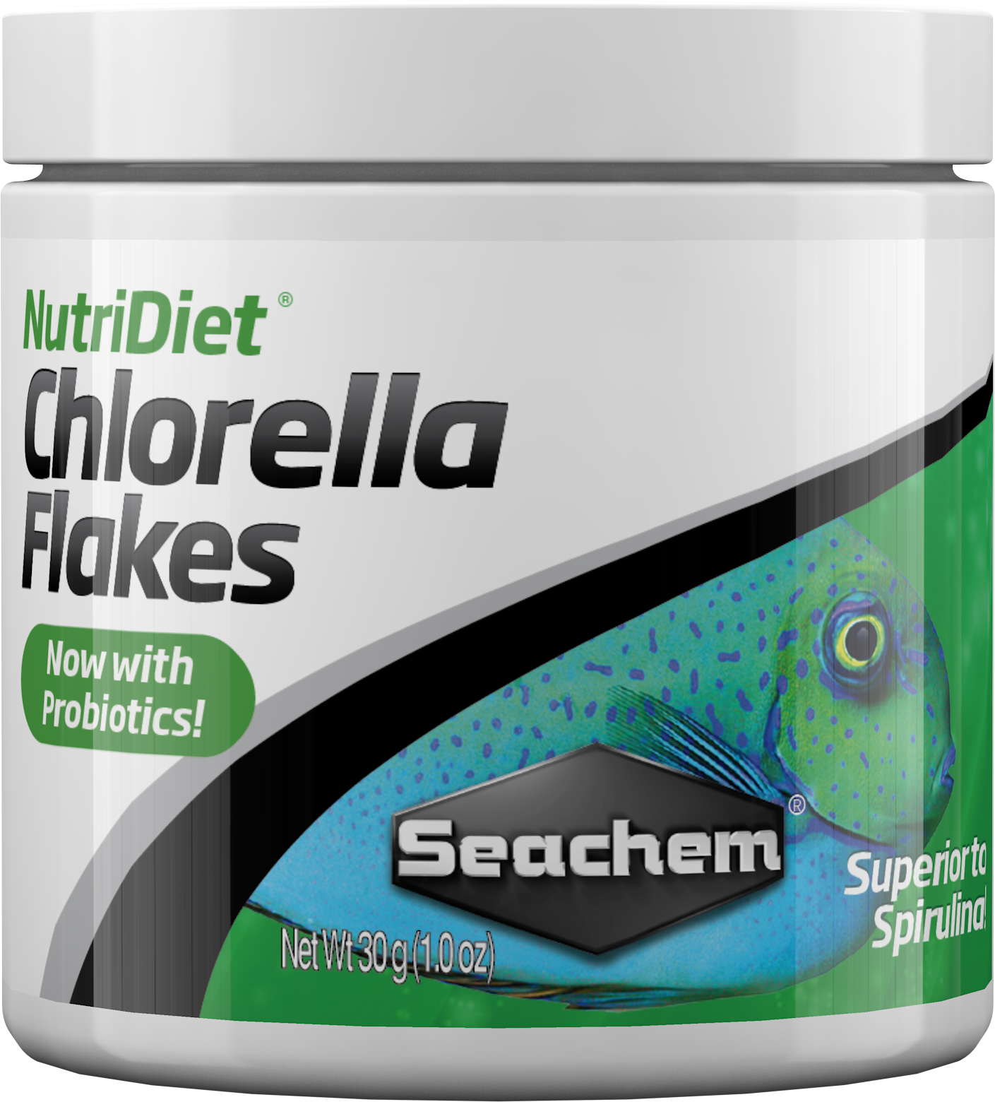 Seachem NutriDiet Chlorella Flakes with Probiotics 30g jar - bulk size algae fish food labeled superior to spirulina