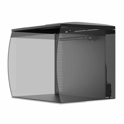 Fluval Flex 2.0 9 gallon empty curved-front glass aquarium with black frame and honeycomb-print side panels, left angle