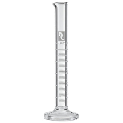Clear glass measuring cylinder on a white background