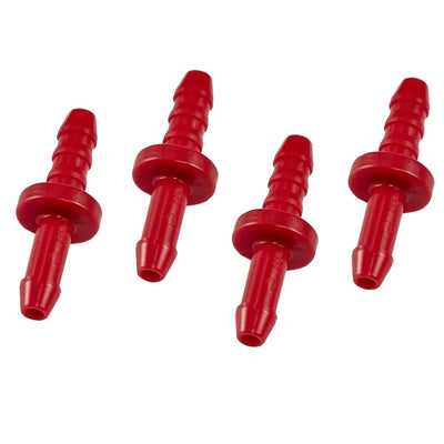 Four red plastic nozzles on a white background