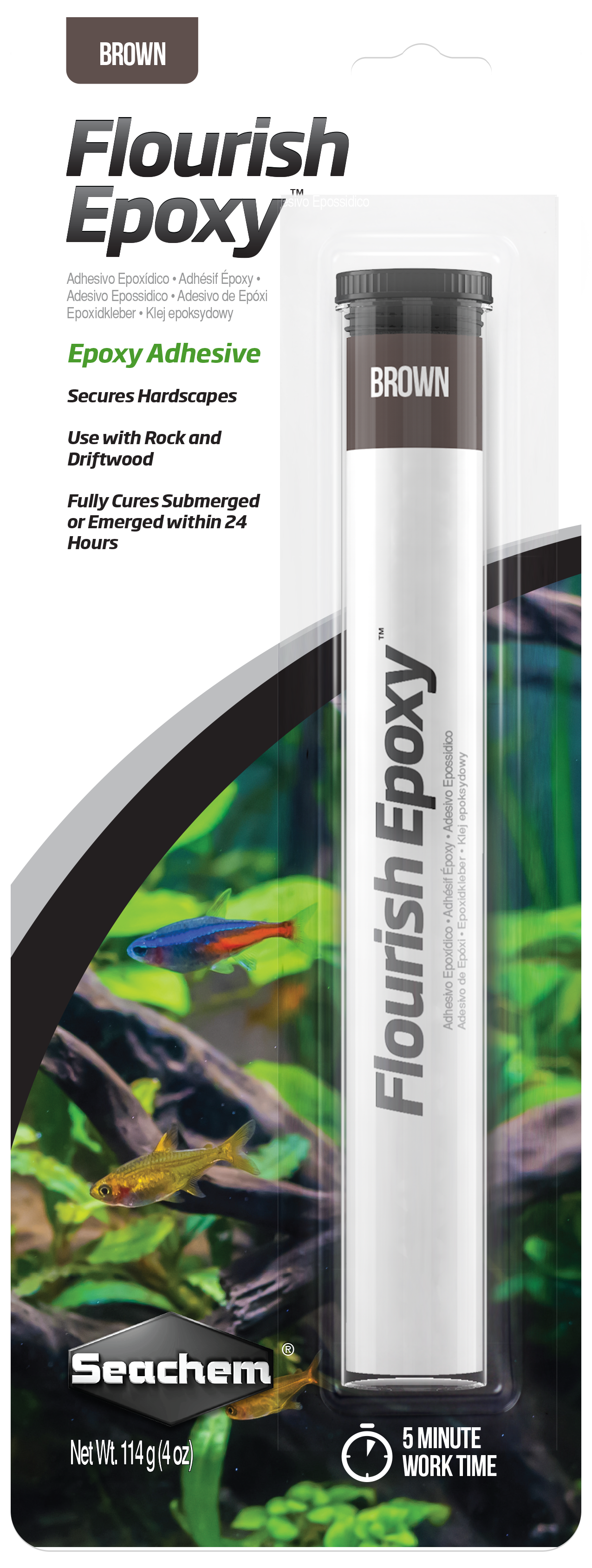 Seachem Flourish Epoxy Brown packaging, two-part aquarium putty for bonding rock and driftwood