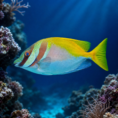 Scribbled Rabbitfish (Siganus doliatus) saltwater fish with blue scribbles, dark head bars and yellow tail