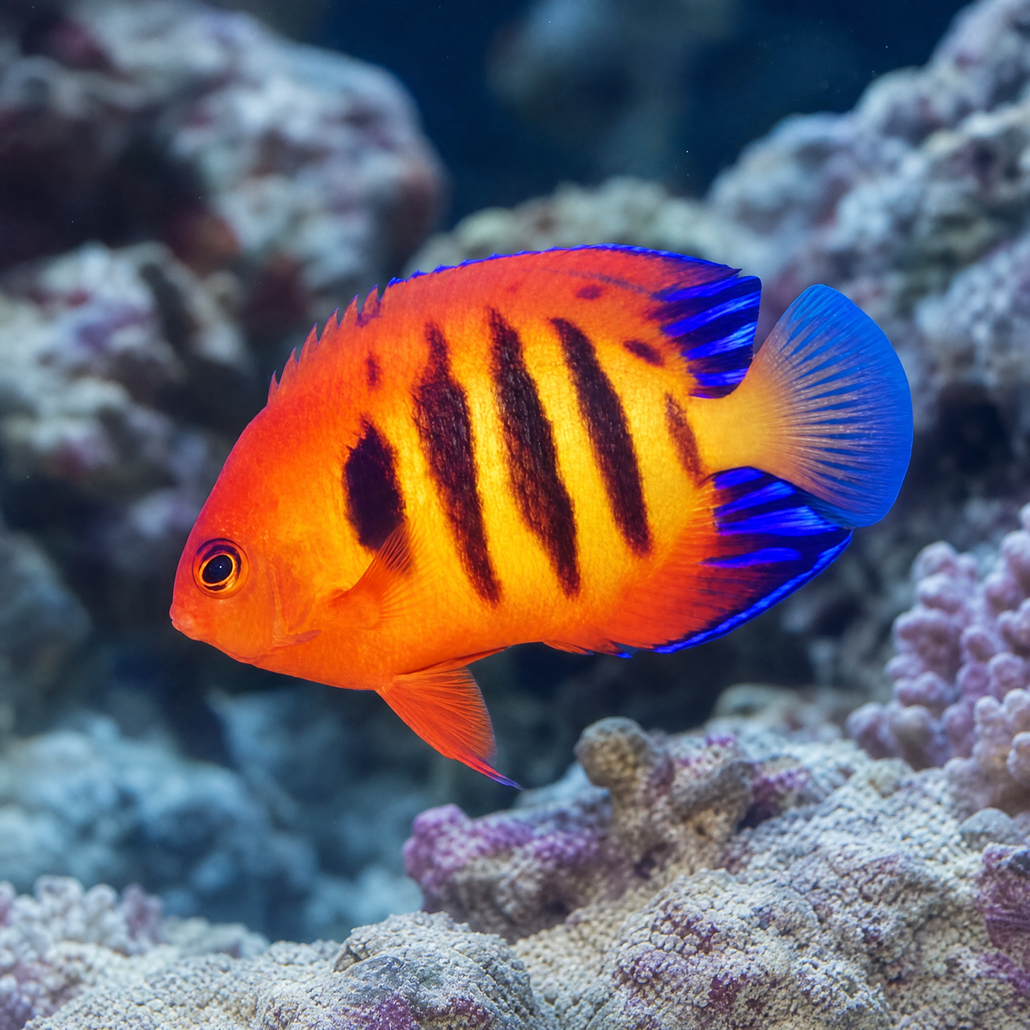 Flame Angelfish (Centropyge loricula) saltwater dwarf angel - red-orange body with black bars and blue fin trim over live rock