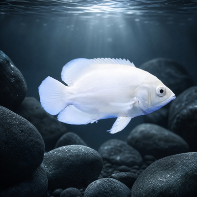 Snow White Albino Oscar (Astronotus ocellatus) freshwater cichlid swimming over dark river rock