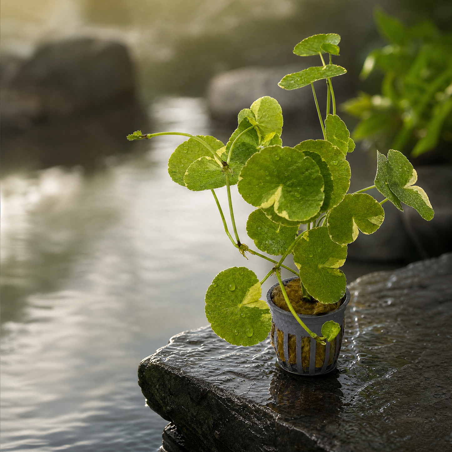 Variegated Pennywort (Hydrocotyle leucocephala) potted live freshwater plant with cream-marbled round leaves