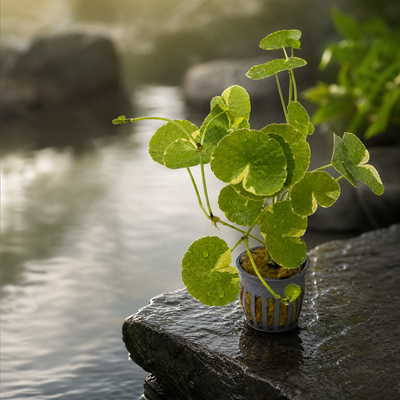 Variegated Pennywort (Hydrocotyle leucocephala) potted live freshwater plant with cream-marbled round leaves