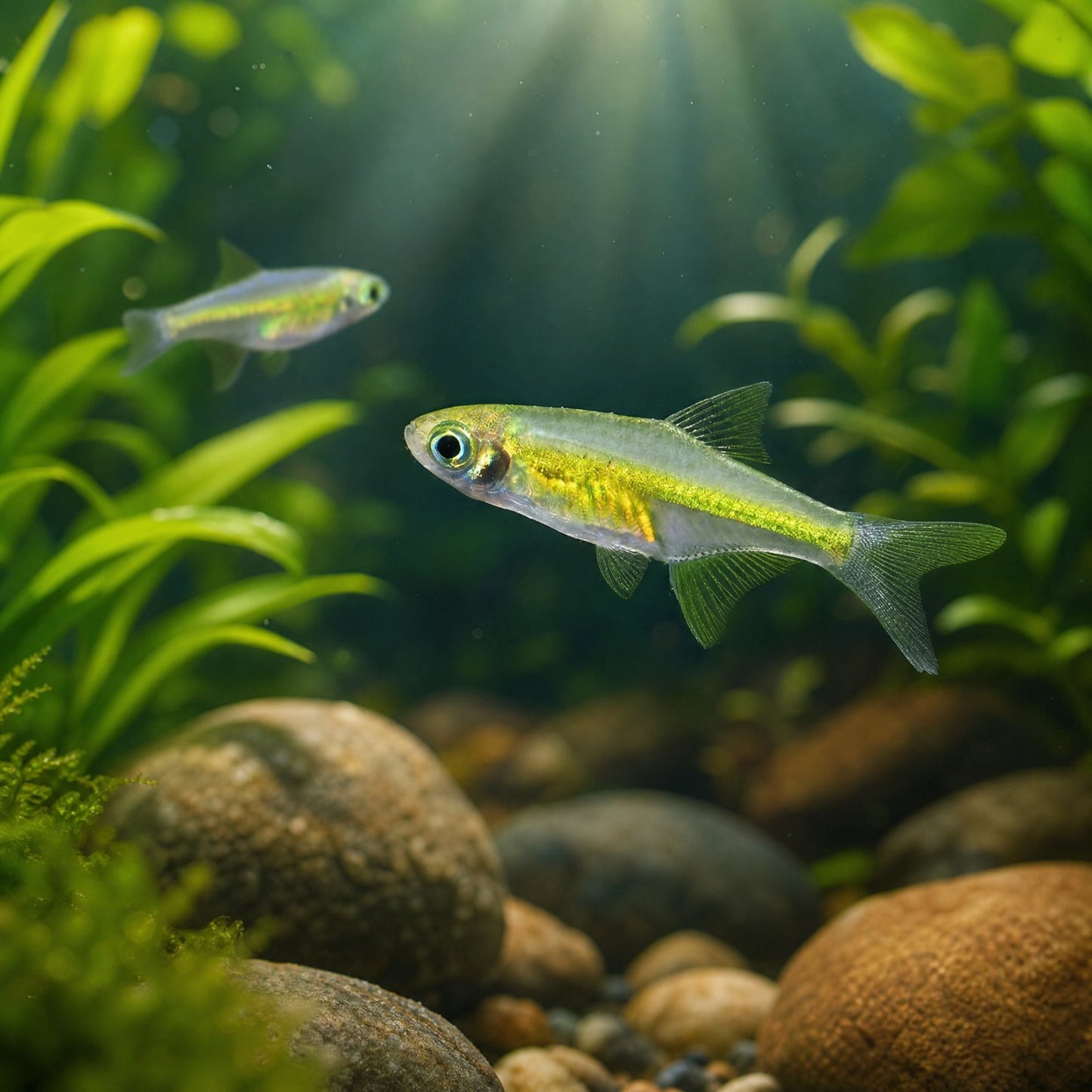 Kubotai Rasbora (Microdevario kubotai) freshwater nano fish, green neon rasbora schooling in a planted tank