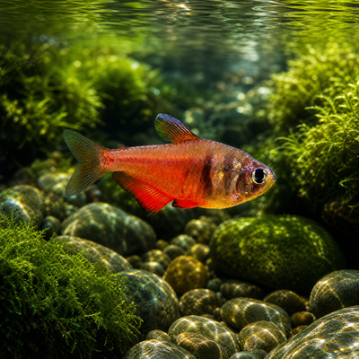 Von Rio Flame Tetra (Hyphessobrycon flammeus) orange-red freshwater schooling fish in a planted tank