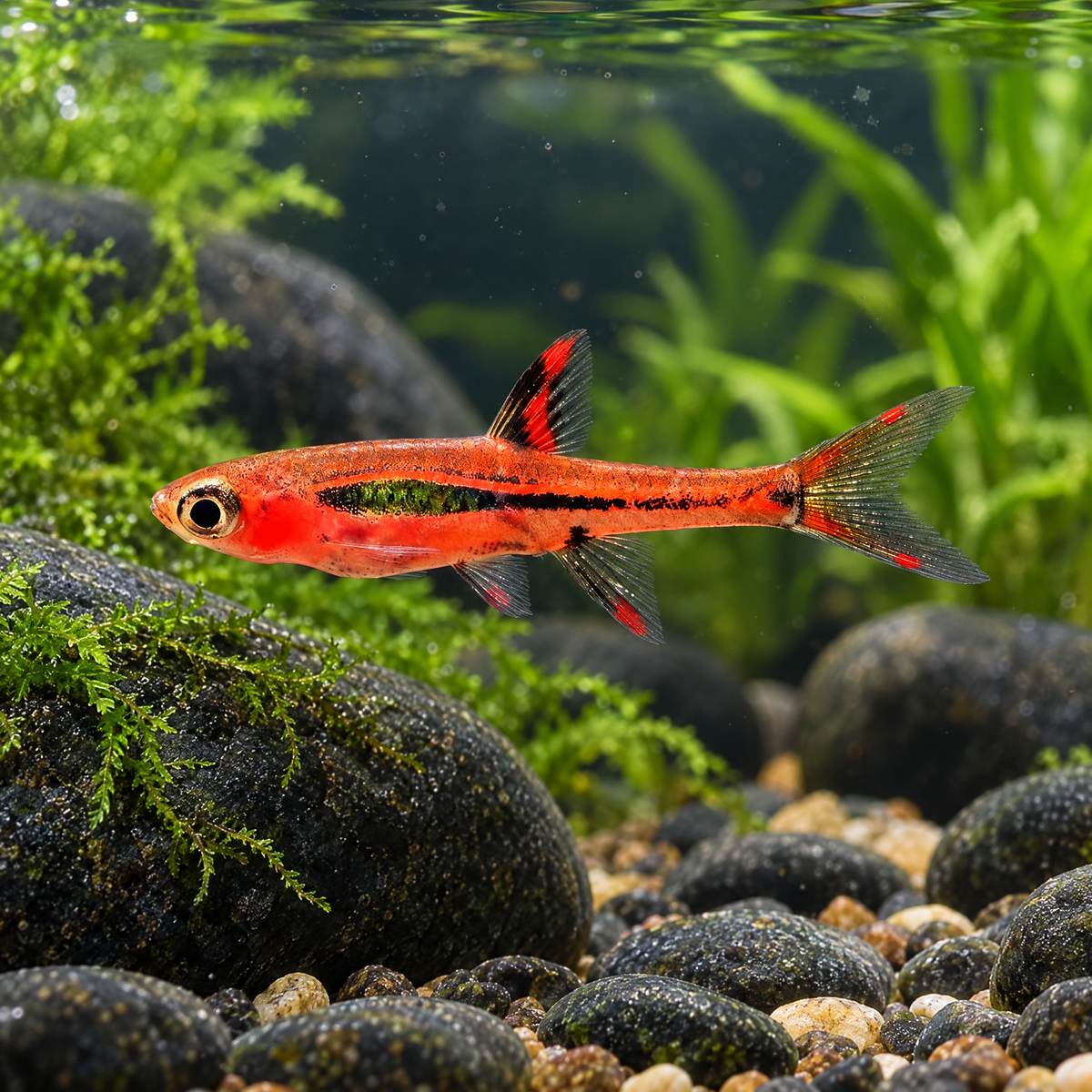 Chili Rasbora (Boraras brigittae) freshwater nano fish with red body and dark stripe among river stones and plants