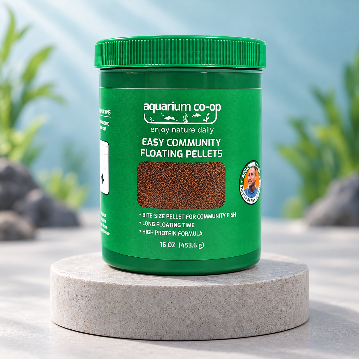 Aquarium Co-Op Easy Community Floating Pellets 16 oz jar, bite-size floating pellets for community fish