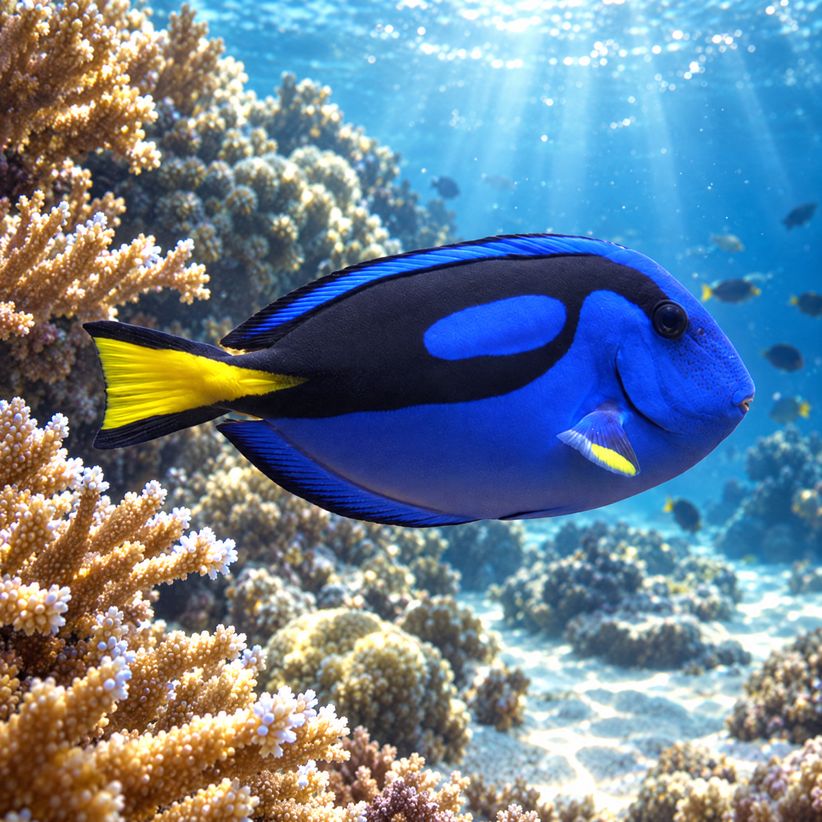Tank-Raised Blue Hippo Tang (Paracanthurus hepatus) saltwater fish, royal blue body, black palette marking, yellow tail