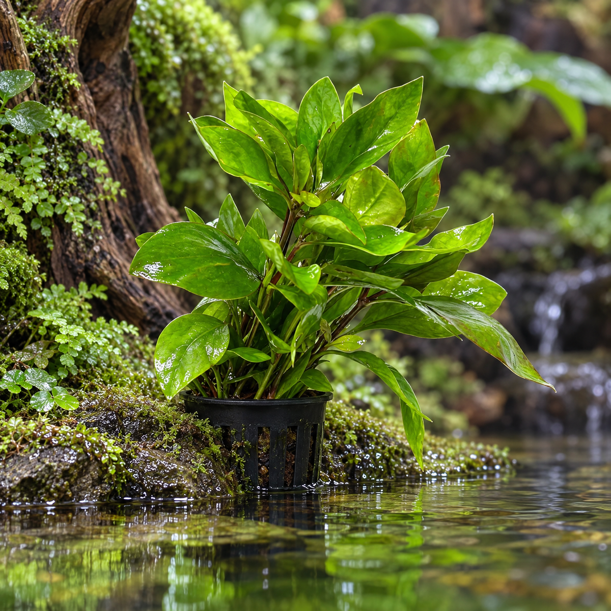 Green Hedge (Alternanthera bettzickiana 'Green') potted emersed plant with glossy wavy green leaves in a paludarium