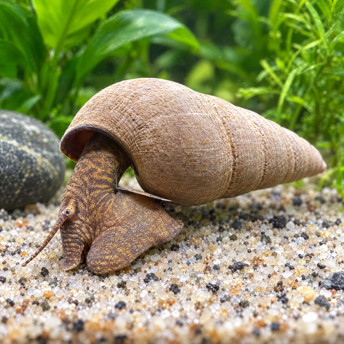 Chocolate Poso Rabbit Snail (Tylomelania sp.) freshwater snail with a pale spiral shell and brown body