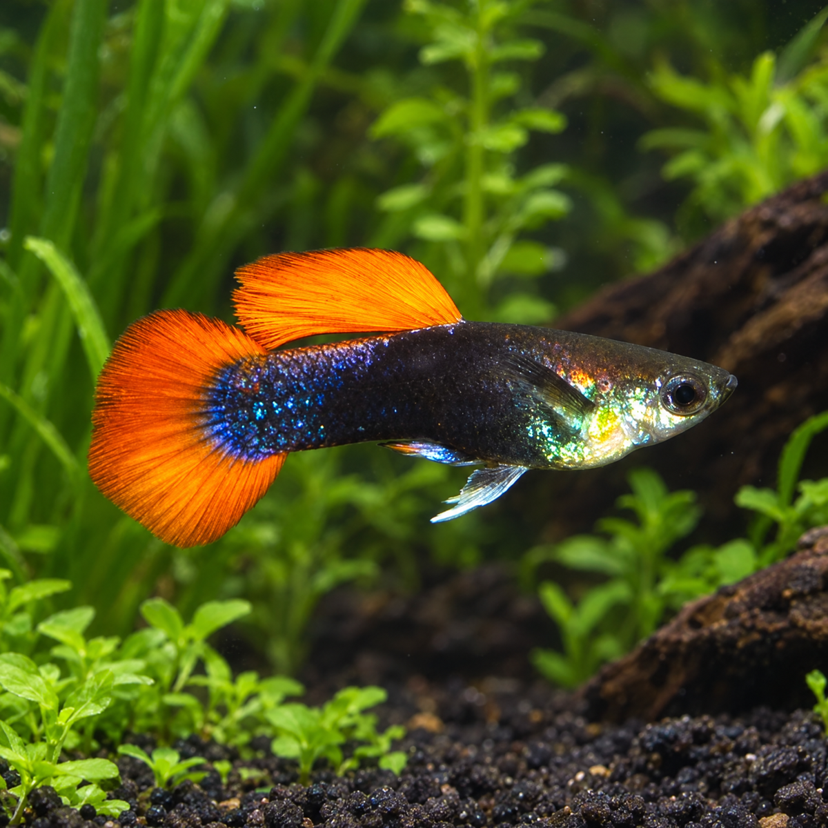 Koi Tuxedo Guppy (Poecilia reticulata) freshwater fish with orange-red tail and dark tuxedo body
