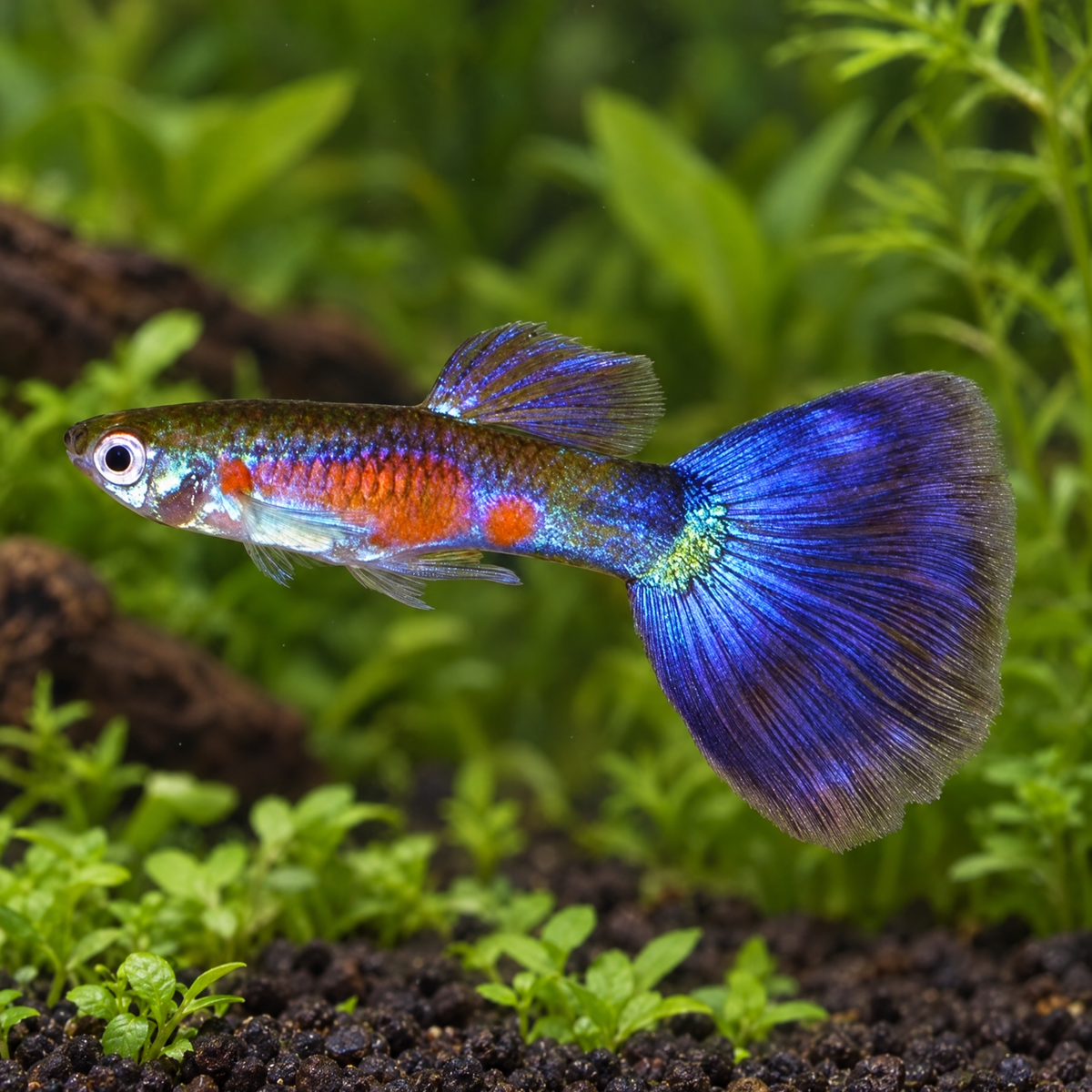 Purple Queen Guppy (Poecilia reticulata) freshwater fish with violet-blue fan tail in a planted tank