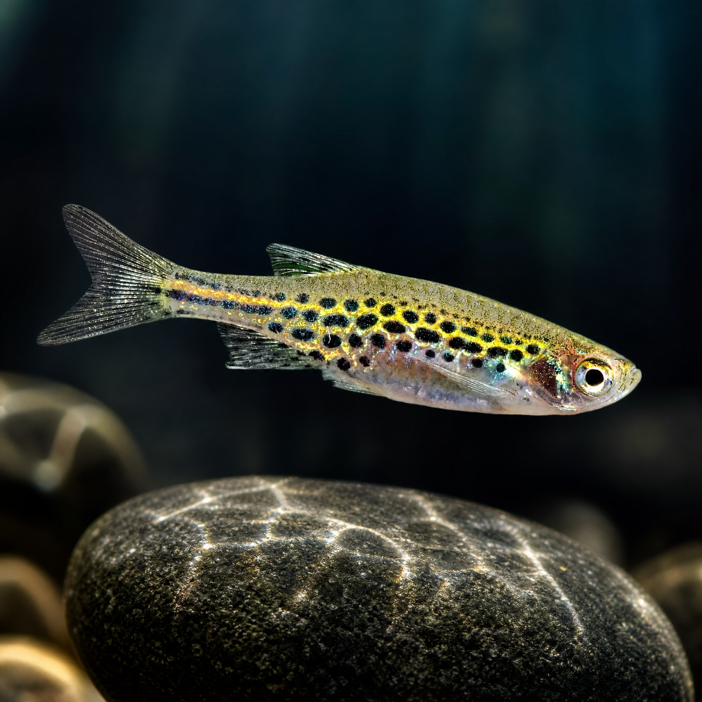 Gold Ring Danio (Brachydanio tinwini) freshwater nano schooling fish with rows of gold-ringed dark spots
