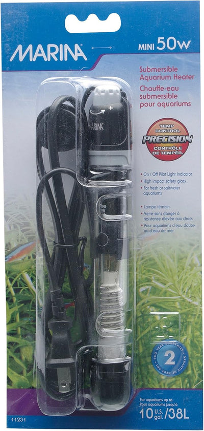 Marina Submersible Aquarium Heater 50W Mini in packaging, fully submersible glass heater with temperature control for fresh or saltwater tanks up to 10 gallons