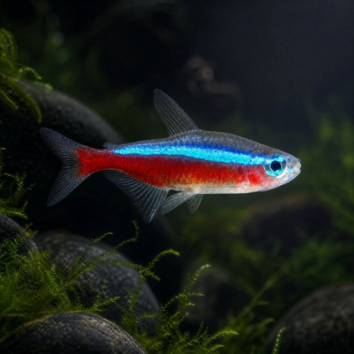 Cardinal Tetra (Paracheirodon axelrodi) freshwater schooling fish with full length red and blue stripe