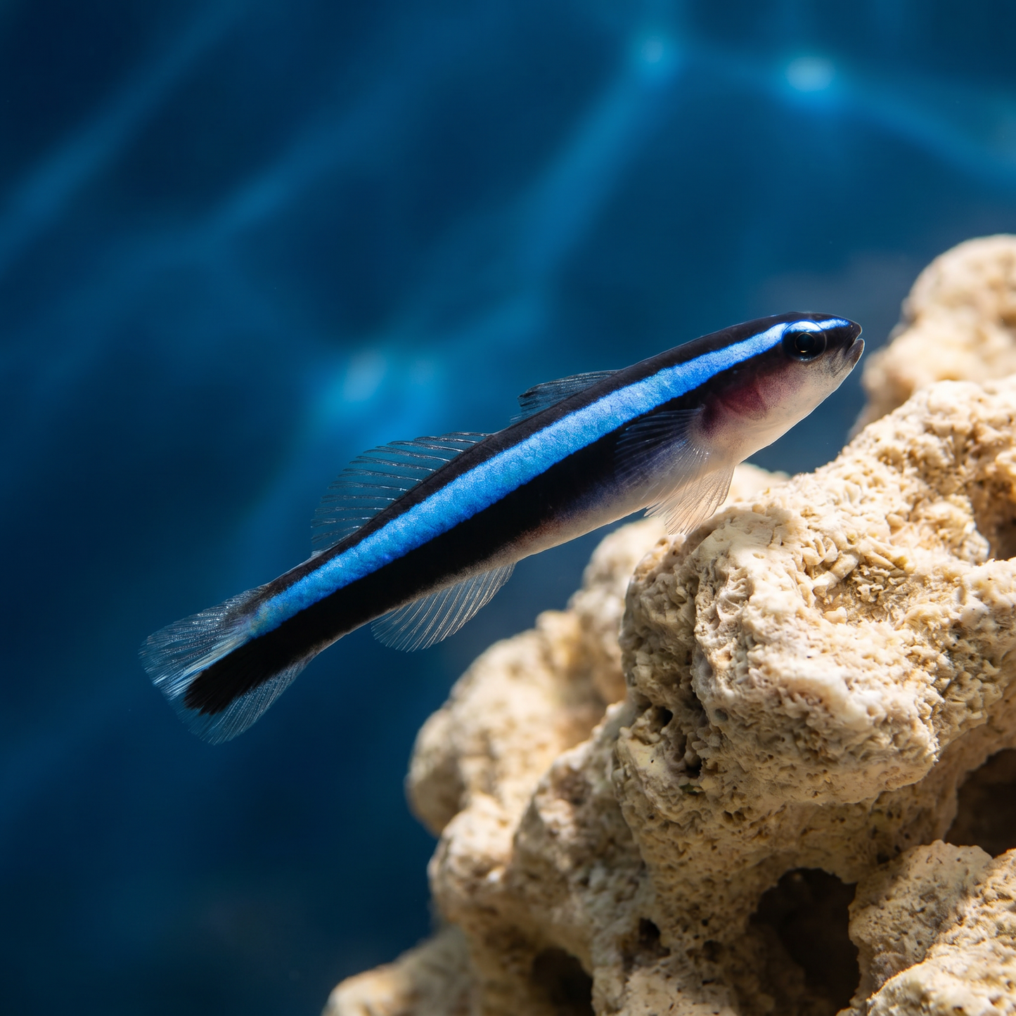 Neon Blue Goby (Elacatinus oceanops) saltwater reef cleaner fish, black body with electric-blue stripe