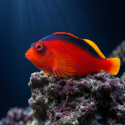 Flame Hawkfish (Neocirrhites armatus) saltwater reef fish, scarlet red body perched on live rock