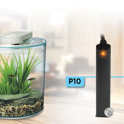 Fluval P10 nano heater shown beside a dime for scale next to a small planted desktop aquarium