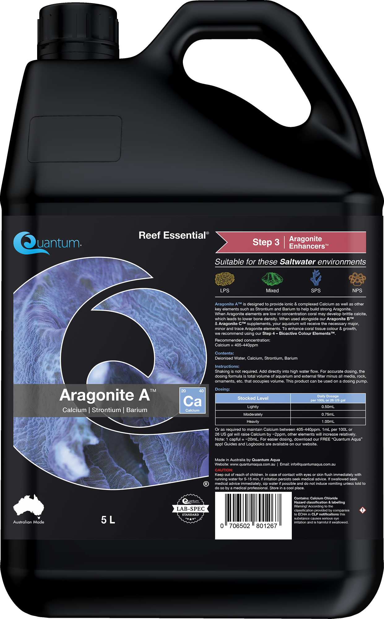 Quantum Aragonite A Calcium reef supplement, 5 L bottle with dosing label, Australian made