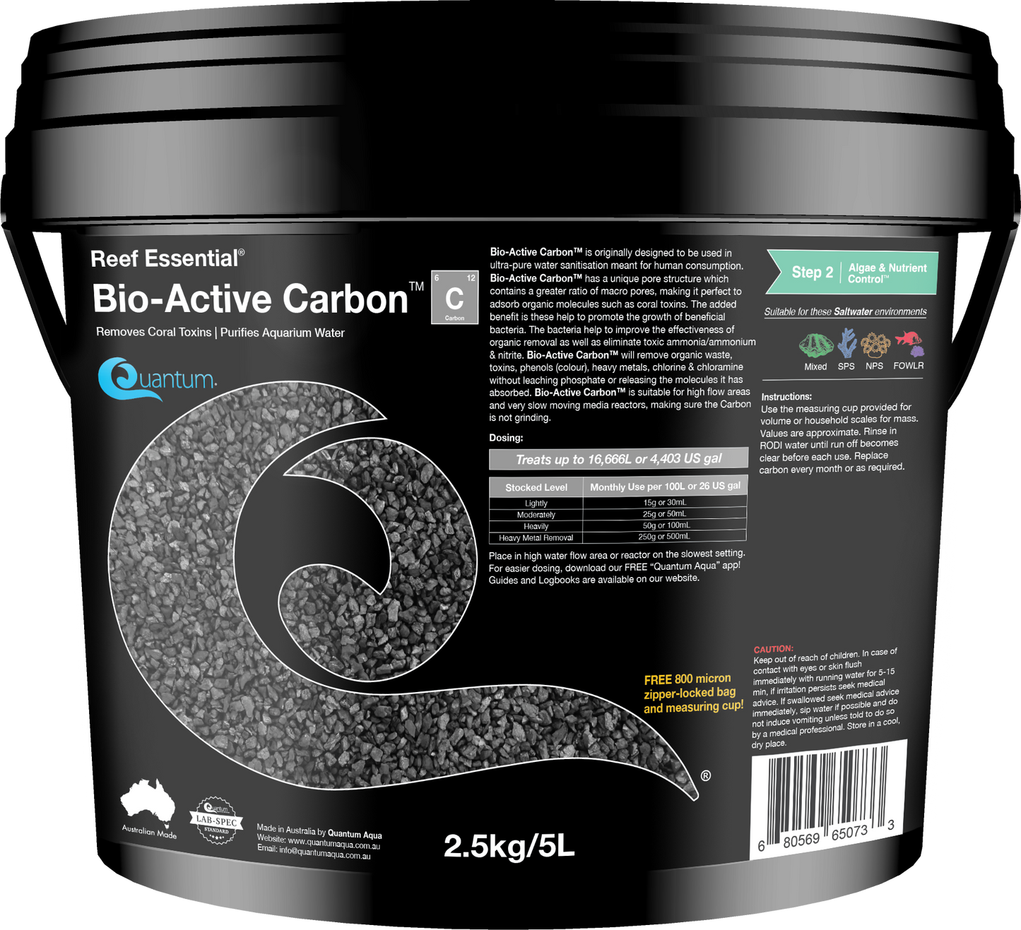 Quantum Bio-Active Carbon 2.5kg bucket, reef and marine activated carbon filter media