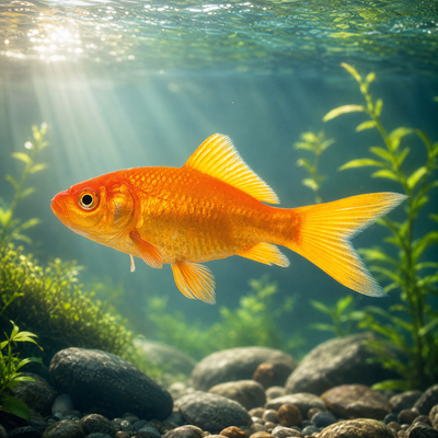 Comet Goldfish (Carassius auratus) orange single-tailed coldwater pond fish with long forked tail