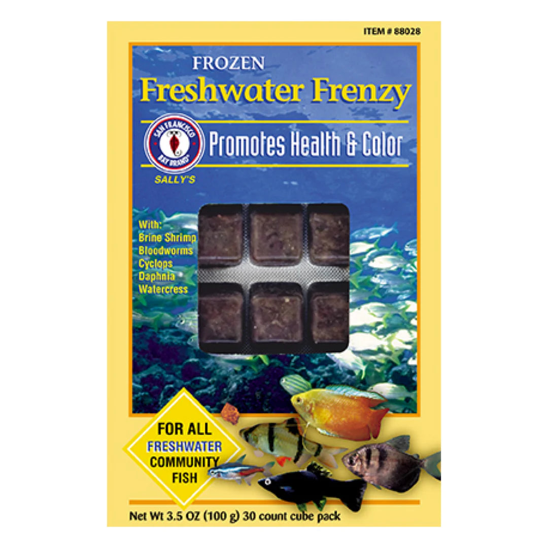 San Francisco Bay Brand Freshwater Frenzy 3.5 oz box, 30-cube blend of brine shrimp, bloodworms, cyclops, daphnia, and watercress for freshwater community fish