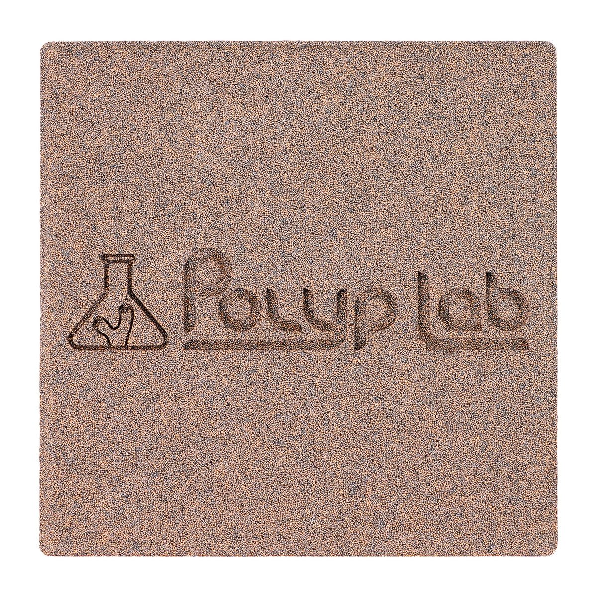 PolypLab Genesis Rock 4 x 4 x 1 inch ceramic block, top view with embossed PolypLab logo