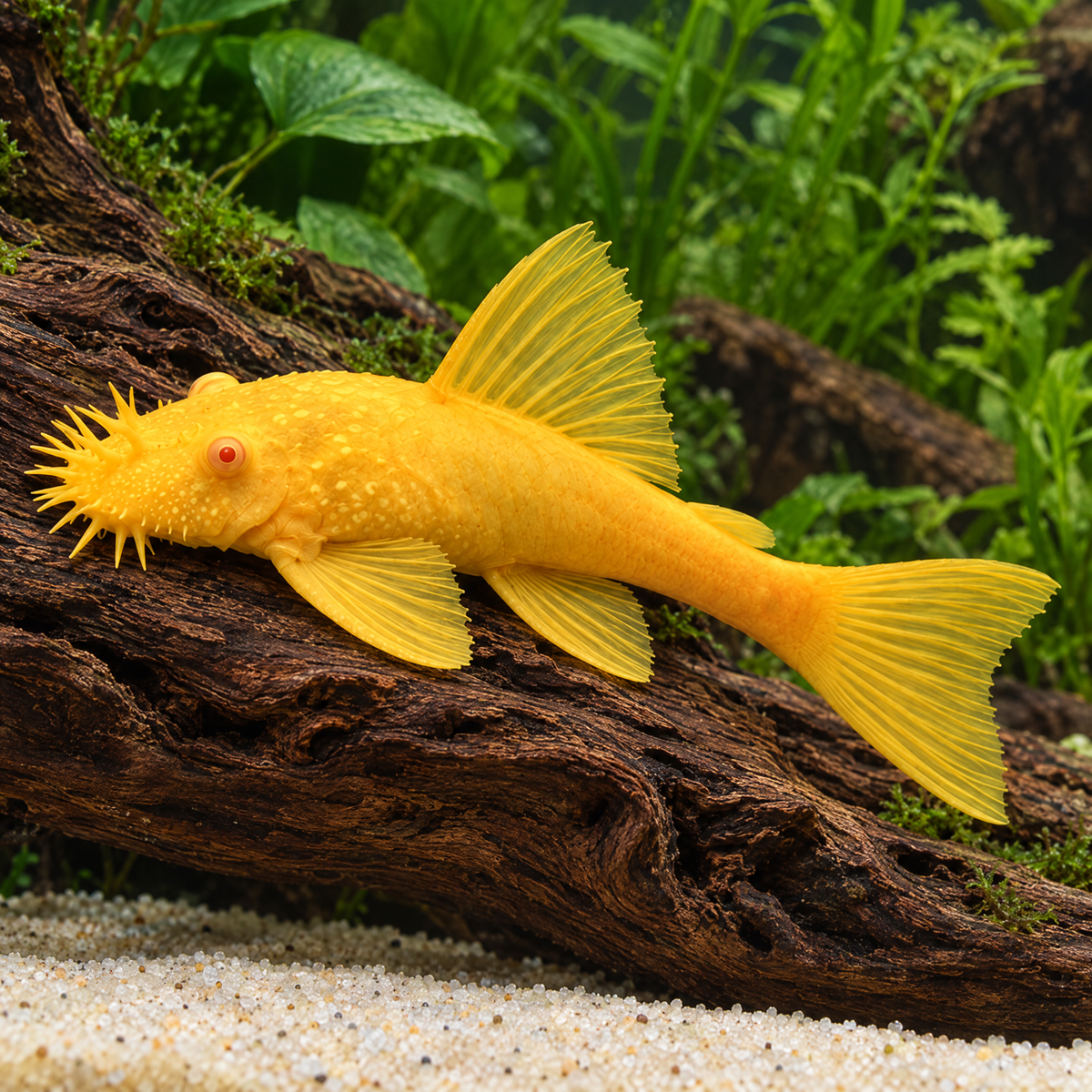 Albino Gold Bristlenose Pleco (Ancistrus sp.) freshwater algae eater with golden body, red eyes and bristled snout on driftwood
