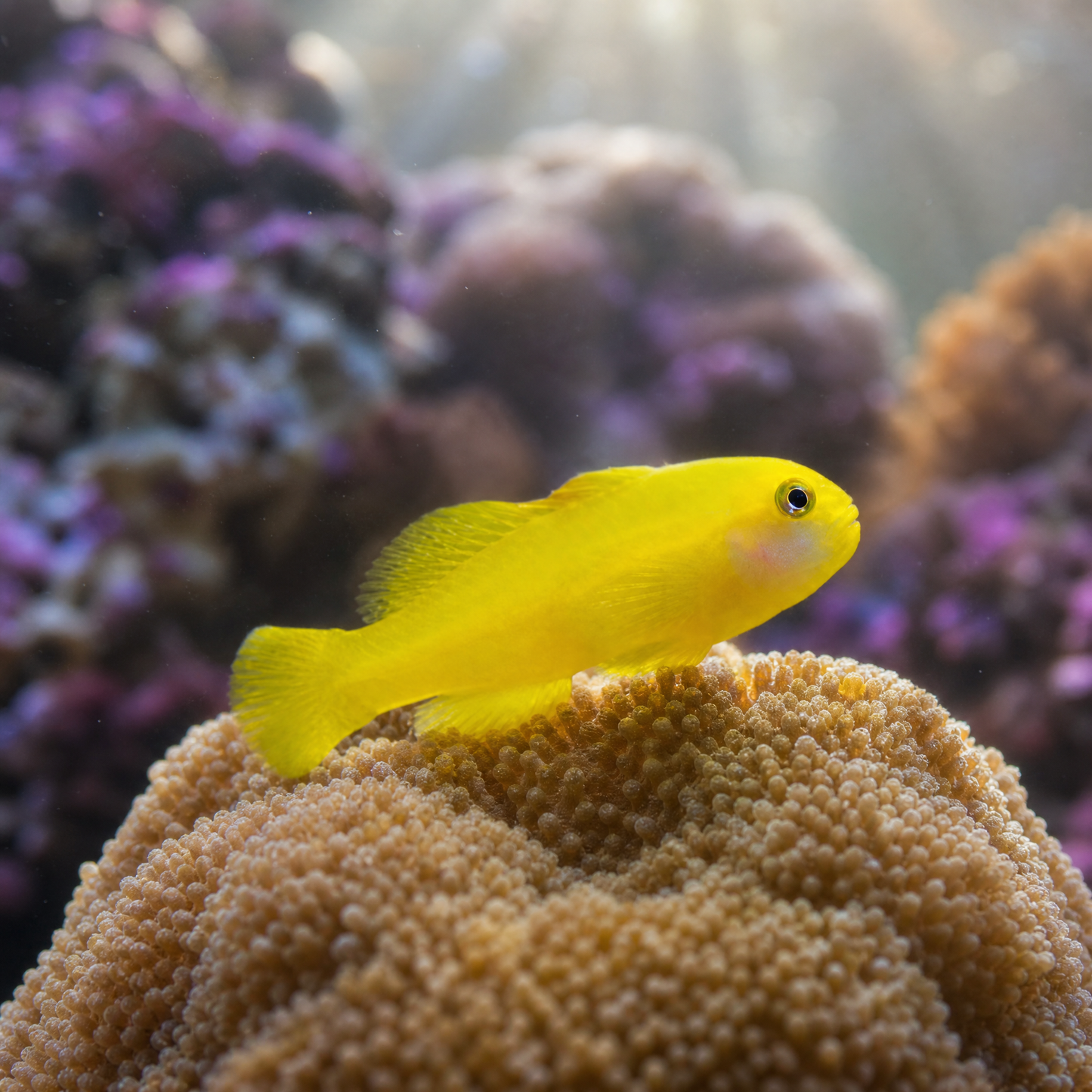 Yellow Clown Goby (Gobiodon okinawae) bright yellow nano reef saltwater fish perched on coral