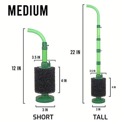 Green Easy Flow Sponge Filter, Medium, dimension diagram with the short and tall uplift tube settings