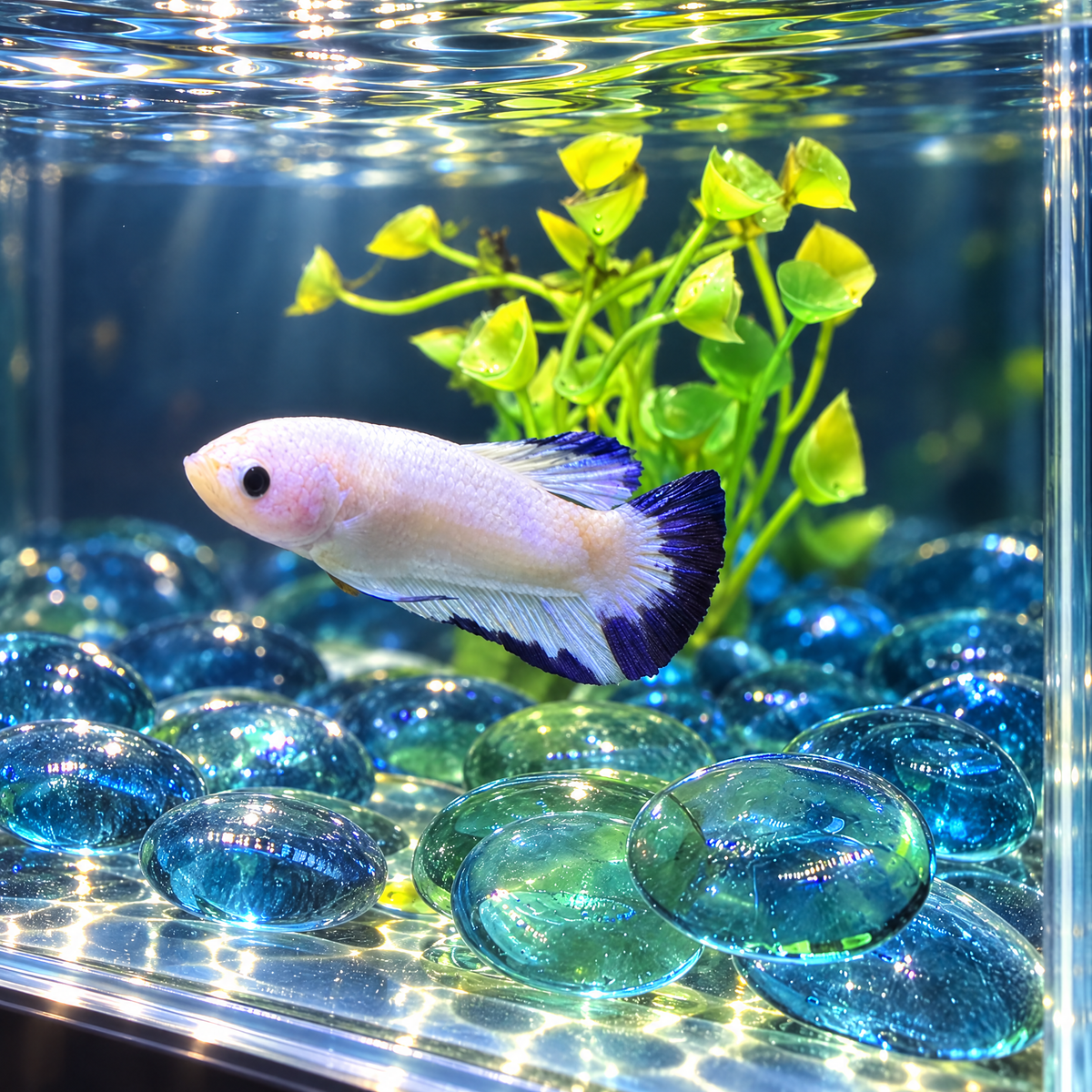 Blue Rim Snow White Plakat Male Betta (Betta splendens) freshwater fish, white body with blue-edged fins in a planted tank
