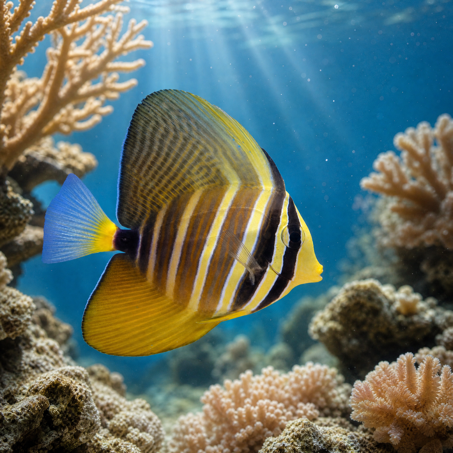 Sailfin Tang (Zebrasoma veliferum) saltwater reef fish with tall banded gold and brown fins