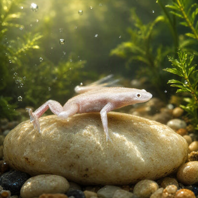 Blonde African Dwarf Frog (Hymenochirus boettgeri) fully aquatic freshwater frog resting on smooth stone