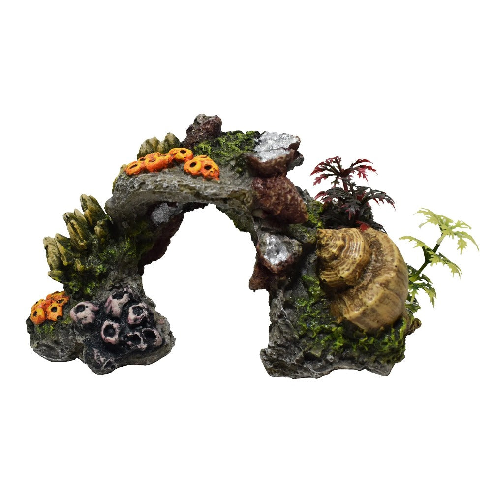 Hikari resin aquarium arch ornament with orange cup corals, a tan plate coral and green plants on grey rock