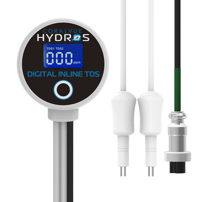 CoralVue HYDROS Dual Inline TDS Sensor with round digital display and two titanium probes