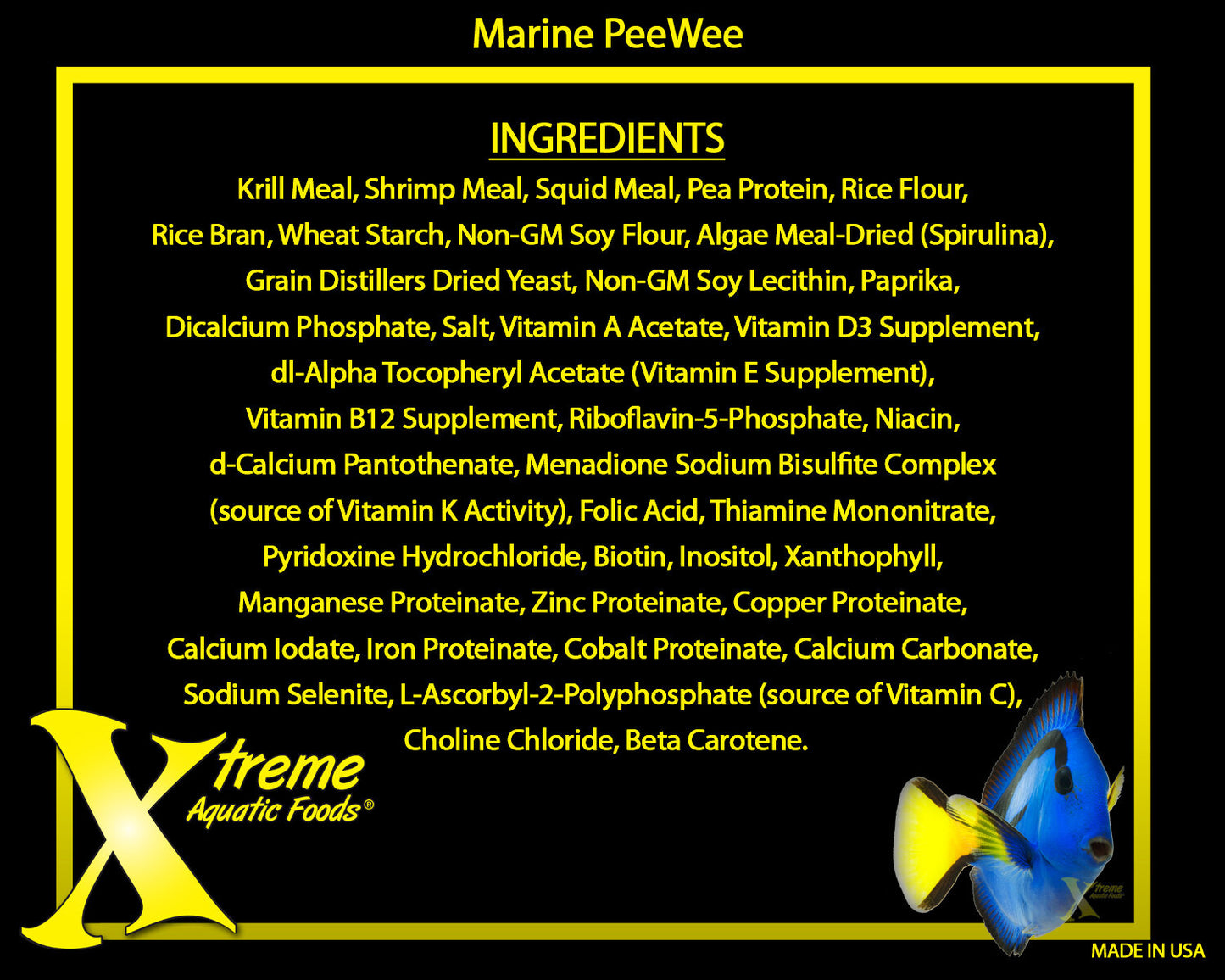 Xtreme Marine PeeWee ingredients list, made in USA marine pellet