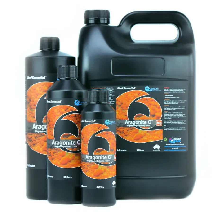 Quantum Aragonite C Magnesium reef supplement size range, 250 ml, 500 ml, 1 L, and 5 L bottles