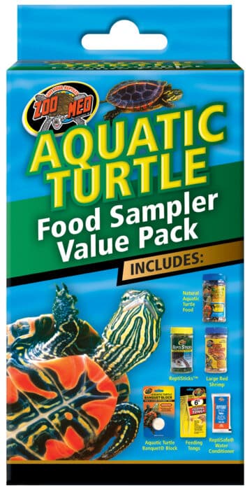 Zoo Med Aquatic Turtle Food Sampler Value Pack box showing the included turtle foods, feeding tongs, and water conditioner